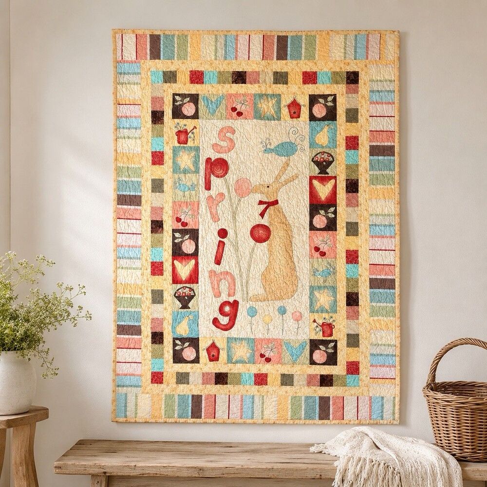 2006 Sandy Gervais Moda Anticipation Spring Bunny Quilt Wall Hanging 50x36 VTG